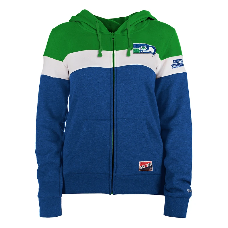Women's New Era College Navy/Neon Green Seattle Seahawks Throwback Colorblock Full-Zip Hoodie