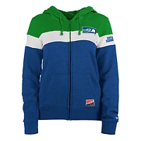 Women's New Era College Navy/Neon Green Seattle Seahawks Throwback Colorblock Full-Zip Hoodie