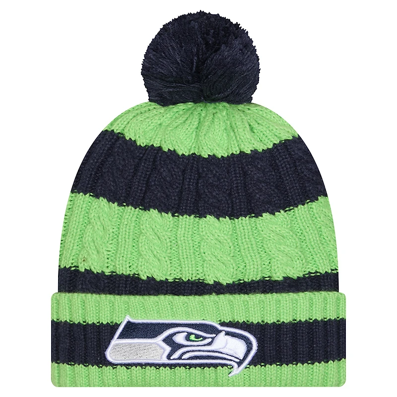 Bonnet en tricot tressé à revers et pompon pour femme New Era College Navy Seattle Seahawks