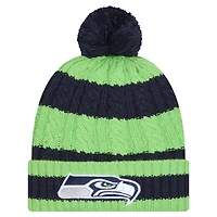 Bonnet en tricot tressé à revers et pompon pour femme New Era College Navy Seattle Seahawks