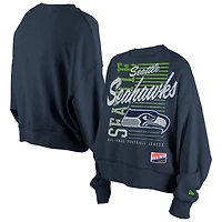 Women's New Era College Navy Seattle Seahawks Oversized Throwback Mineral Wash Crew Neck Sweatshirt