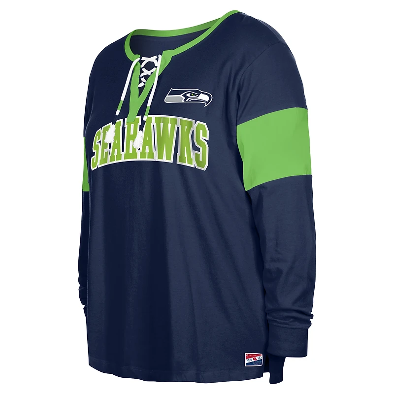 T-shirt à manches longues et col cranté lacets pour femme New Era College Navy Seattle Seahawks grande taille