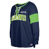 T-shirt à manches longues et col cranté lacets pour femme New Era College Navy Seattle Seahawks grande taille