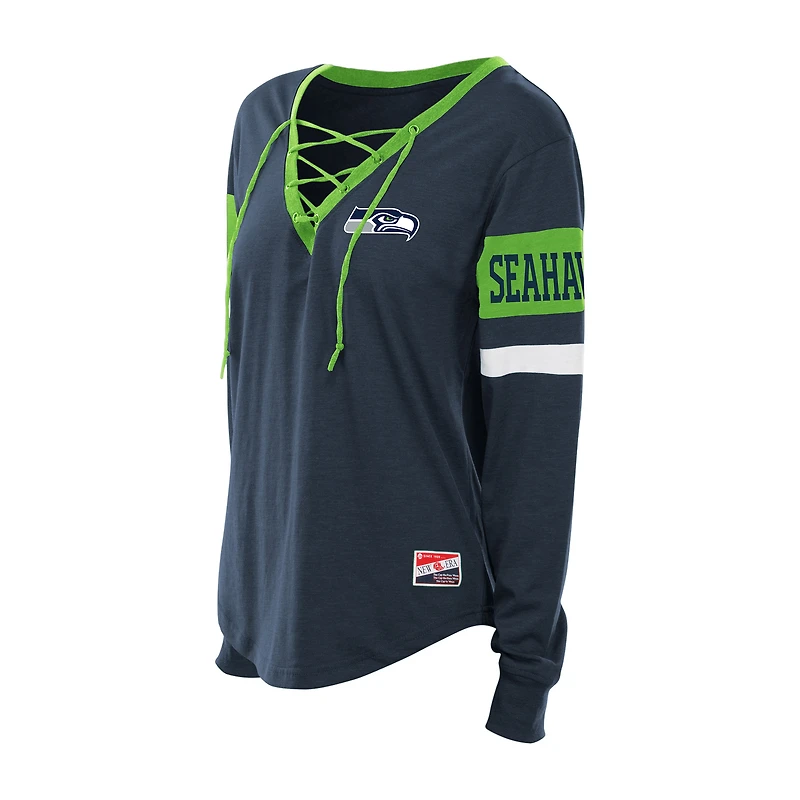 Women's New Era College Navy Seattle Seahawks Plus Throwback Lace-Up Long Sleeve T-Shirt