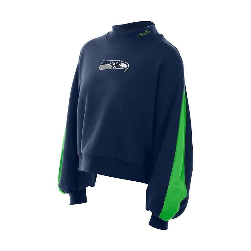 Sweat-shirt à manches ballon et col montant New Era College Navy pour femme des Seattle Seahawks Sport Night