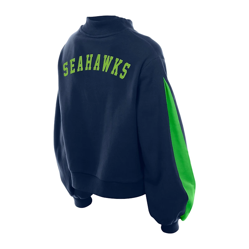 Sweat-shirt à manches ballon et col montant New Era College Navy pour femme des Seattle Seahawks Sport Night