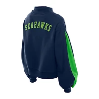 Sweat-shirt à manches ballon et col montant New Era College Navy pour femme des Seattle Seahawks Sport Night