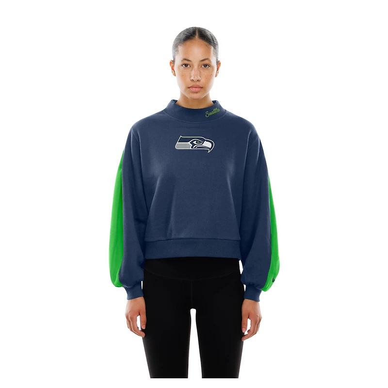 Sweat-shirt à manches ballon et col montant New Era College Navy pour femme des Seattle Seahawks Sport Night
