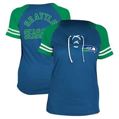 T-shirt raglan à lacets New Era Royal Seattle Seahawks Throwback pour femme