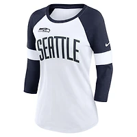 T-shirt à manches raglan 3/4 pour femme Nike Seattle Seahawks Football Pride - Blanc/Bleu marine universitaire