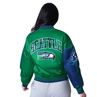 Veste courte en satin à boutons-pression pour femme, bleu marine/vert fluo, Seattle Seahawks Zone Blitz