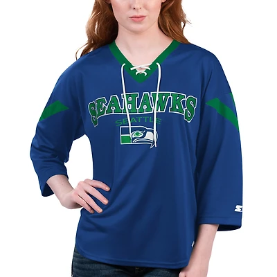 Women's Starter Navy Seattle Seahawks Rally Lace-Up 3/4 Sleeve T-Shirt
