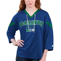 Women's Starter Navy Seattle Seahawks Rally Lace-Up 3/4 Sleeve T-Shirt