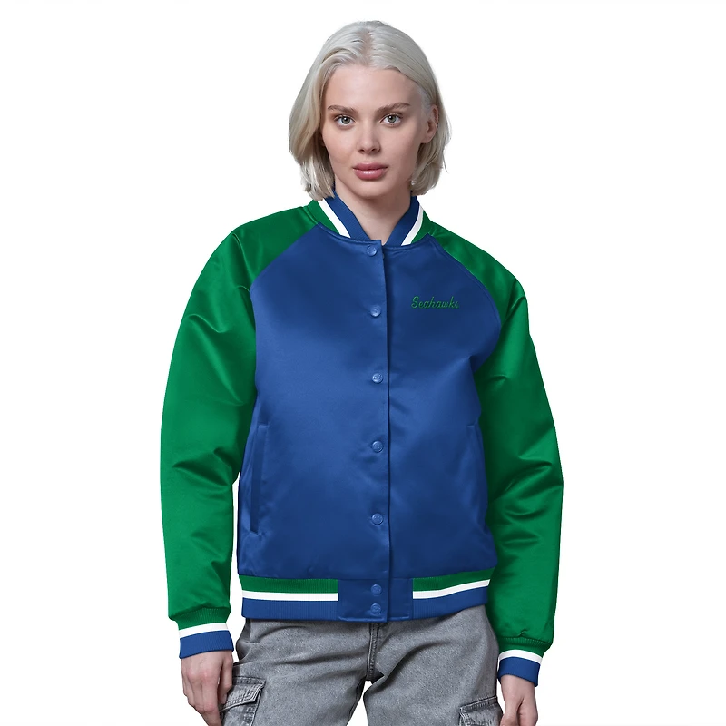 Women's Starter Royal/Green Seattle Seahawks Satin Full-Snap Vintage Varsity Jacket