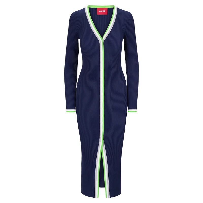 Women's STAUD College Navy Seattle Seahawks Shoko Knit Button-Up V-Neck Sweater Dress