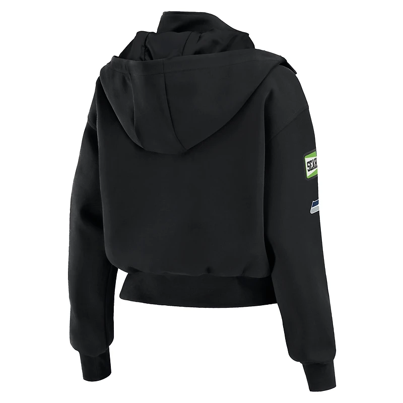 Women's WEAR by Erin Andrews  Black Seattle Seahawks Tri-Blend Patch Pocket Cropped Full-Zip Bomber Hoodie Jacket
