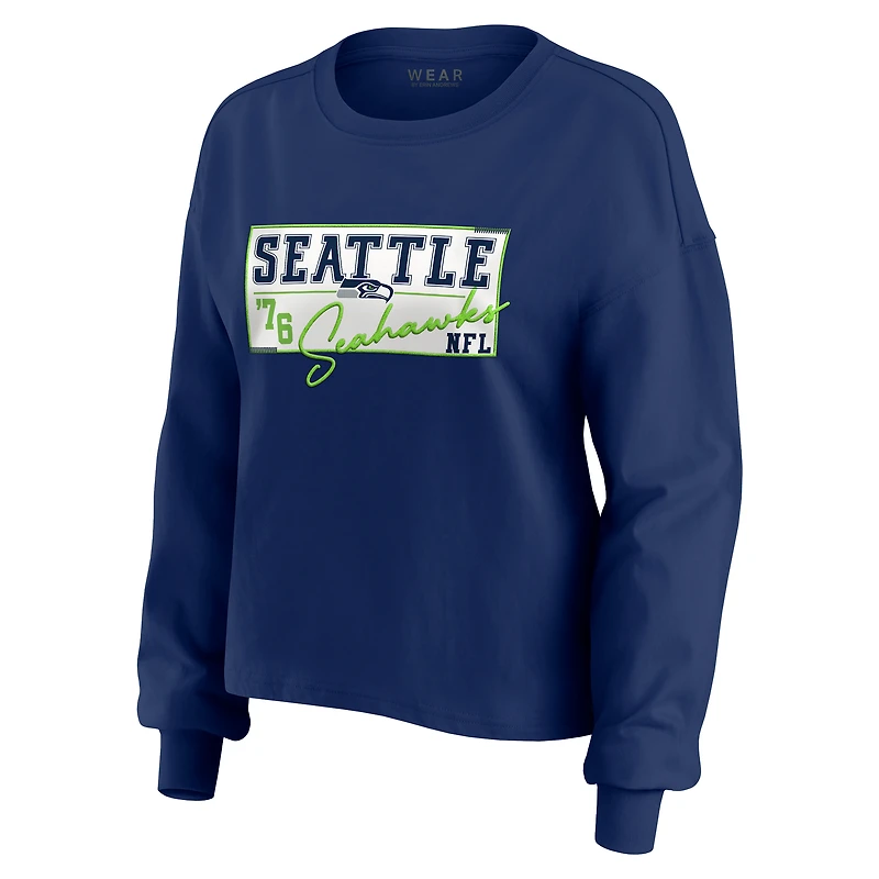Women's WEAR by Erin Andrews College Navy Seattle Seahawks Heavy Rugby Jersey Long Sleeve T-Shirt & Shorts Lounge Set