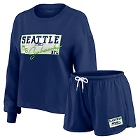 Women's WEAR by Erin Andrews College Navy Seattle Seahawks Heavy Rugby Jersey Long Sleeve T-Shirt & Shorts Lounge Set