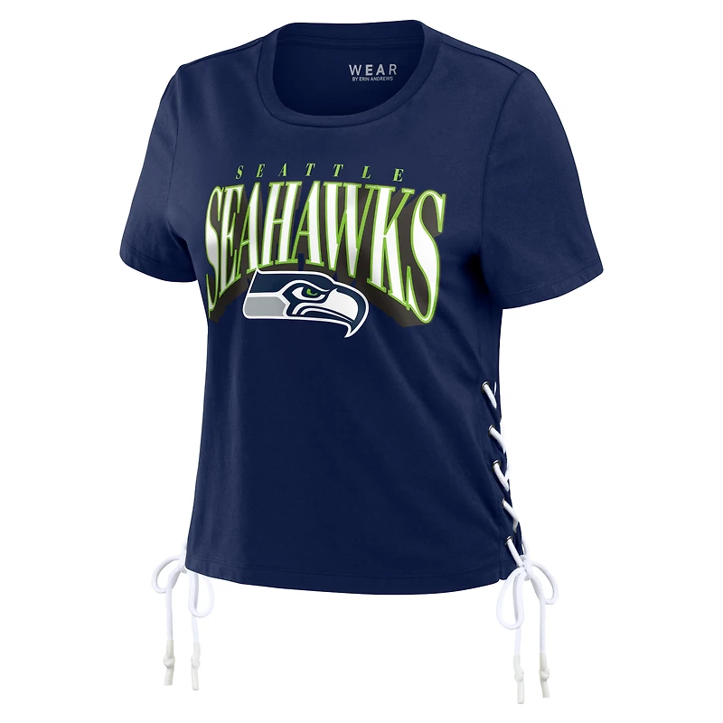 Women's WEAR by Erin Andrews College Navy Seattle Seahawks Lace Up Side Modest Cropped T-Shirt