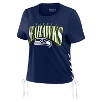 Women's WEAR by Erin Andrews College Navy Seattle Seahawks Lace Up Side Modest Cropped T-Shirt