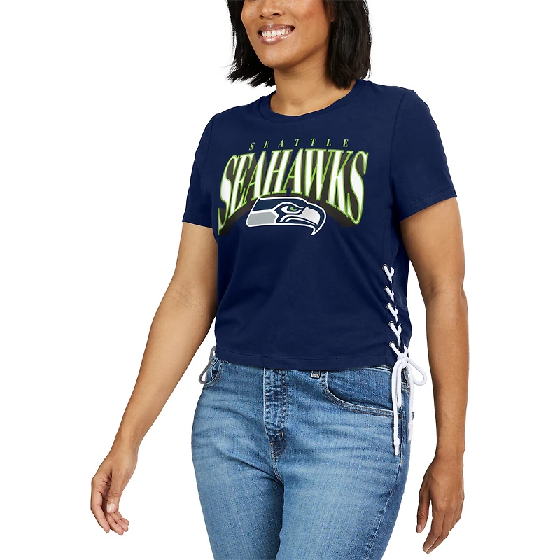 Women's WEAR by Erin Andrews College Navy Seattle Seahawks Lace Up Side Modest Cropped T-Shirt