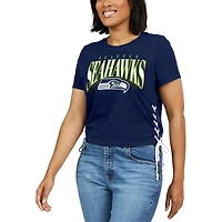 Women's WEAR by Erin Andrews College Navy Seattle Seahawks Lace Up Side Modest Cropped T-Shirt