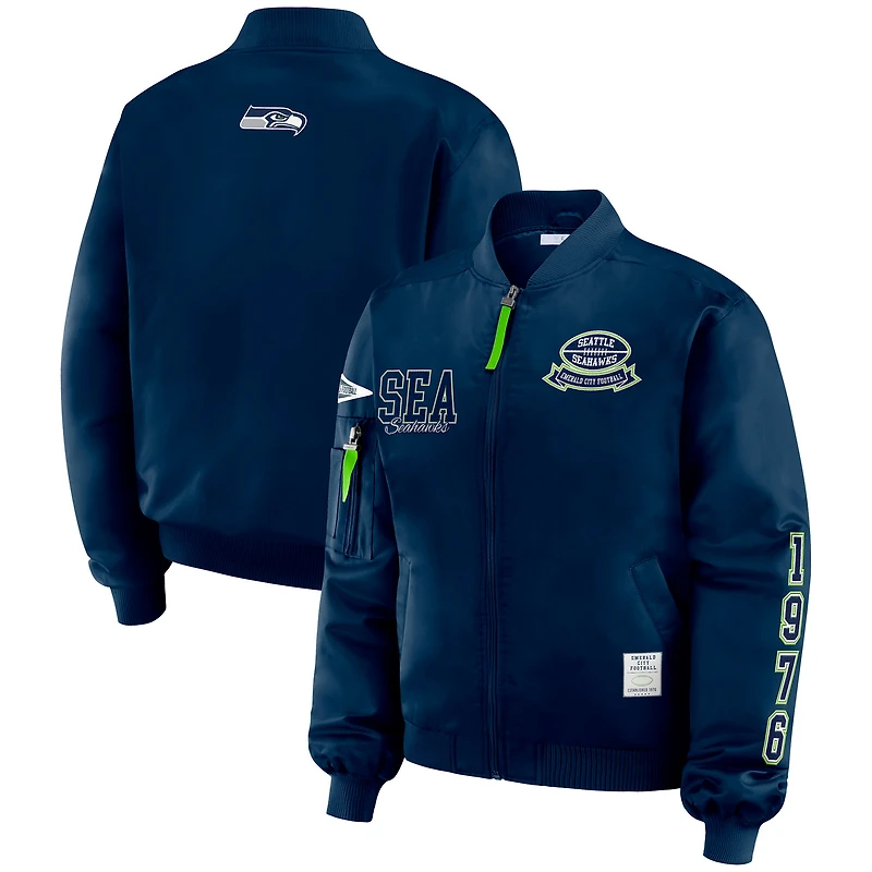 Women's WEAR by Erin Andrews College Navy Seattle Seahawks Patch Full-Zip Bomber Jacket