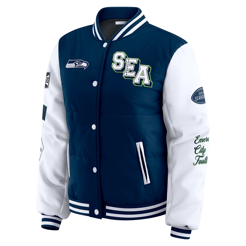 Women's WEAR by Erin Andrews College Navy Seattle Seahawks Varsity Full-Snap Puffer Jacket