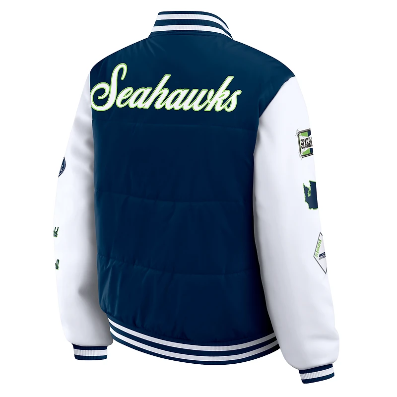 Women's WEAR by Erin Andrews College Navy Seattle Seahawks Varsity Full-Snap Puffer Jacket