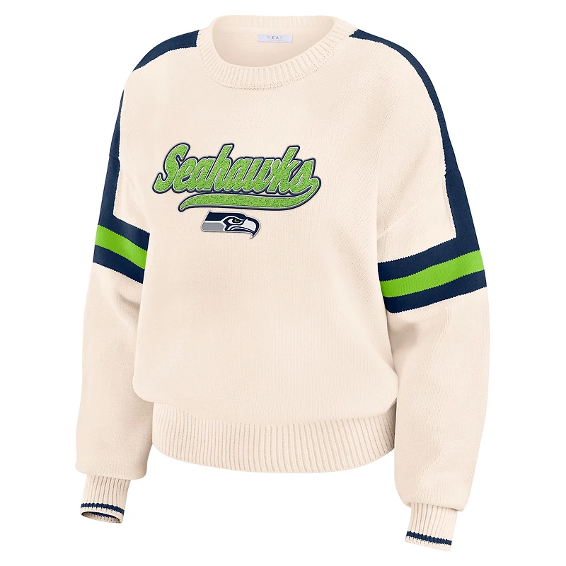 Women's WEAR by Erin Andrews  Cream Seattle Seahawks Stripe Pullover Sweater