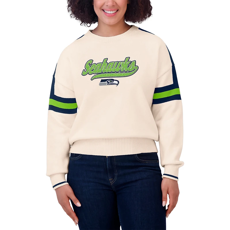 Women's WEAR by Erin Andrews  Cream Seattle Seahawks Stripe Pullover Sweater