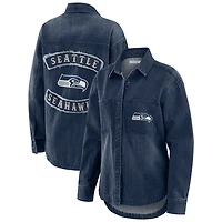 Women's WEAR by Erin Andrews Denim Seattle Seahawks Washed Oversized Full-Snap Shacket
