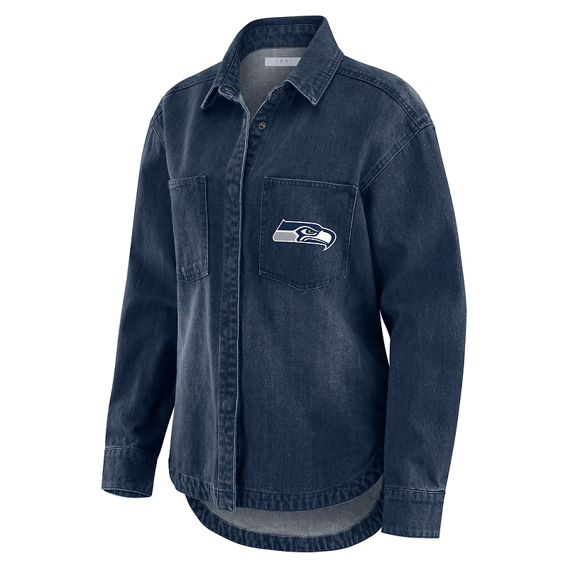Women's WEAR by Erin Andrews Denim Seattle Seahawks Washed Oversized Full-Snap Shacket