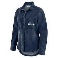Women's WEAR by Erin Andrews Denim Seattle Seahawks Washed Oversized Full-Snap Shacket