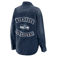 Women's WEAR by Erin Andrews Denim Seattle Seahawks Washed Oversized Full-Snap Shacket