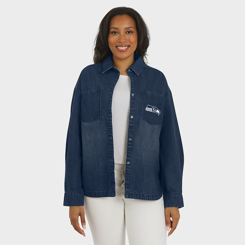 Women's WEAR by Erin Andrews Denim Seattle Seahawks Washed Oversized Full-Snap Shacket