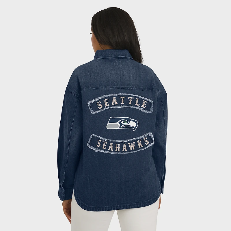 Women's WEAR by Erin Andrews Denim Seattle Seahawks Washed Oversized Full-Snap Shacket