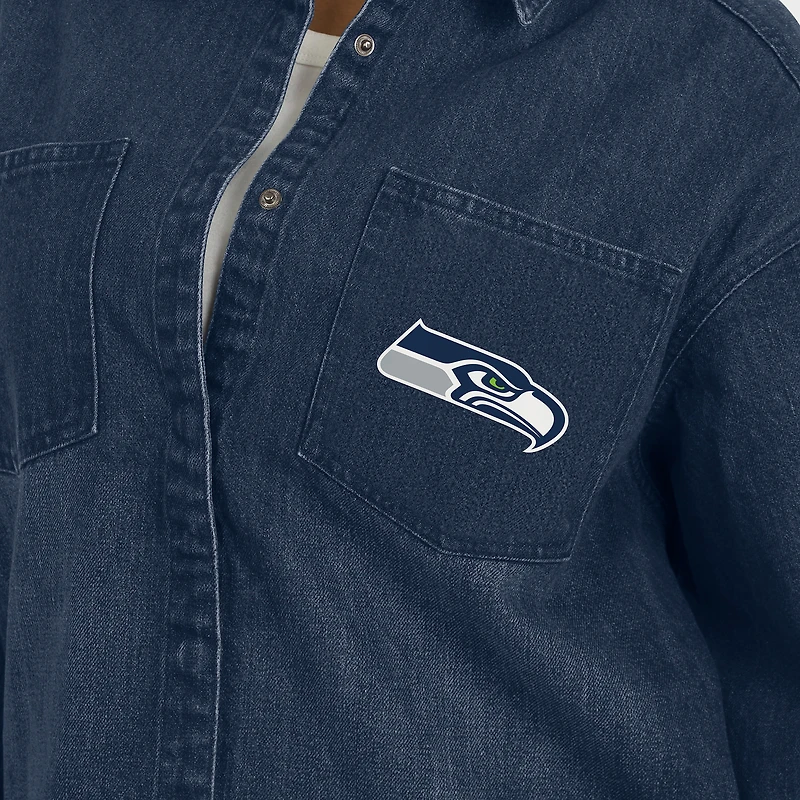 Women's WEAR by Erin Andrews Denim Seattle Seahawks Washed Oversized Full-Snap Shacket
