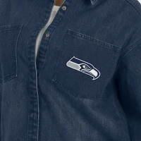 Women's WEAR by Erin Andrews Denim Seattle Seahawks Washed Oversized Full-Snap Shacket