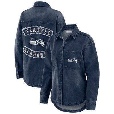 Women's WEAR by Erin Andrews Denim Seattle Seahawks Washed Oversized Full-Snap Shacket