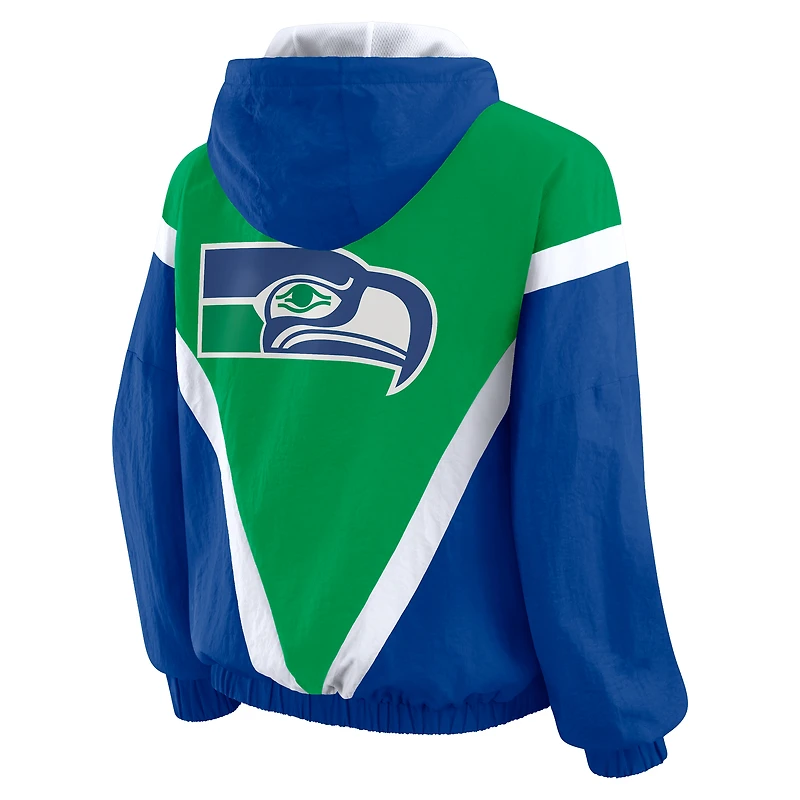 Women's WEAR by Erin Andrews Kelly Green/Royal Seattle Seahawks Plus Retro Crinkle Full-Zip Hoodie Windbreaker Jacket