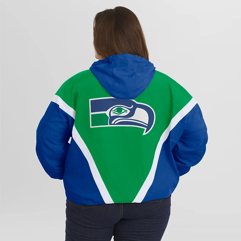 Women's WEAR by Erin Andrews Kelly Green/Royal Seattle Seahawks Plus Retro Crinkle Full-Zip Hoodie Windbreaker Jacket