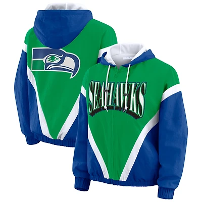 Women's WEAR by Erin Andrews Kelly Green/Royal Seattle Seahawks Plus Retro Crinkle Full-Zip Hoodie Windbreaker Jacket