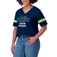 Women's WEAR by Erin Andrews Navy Seattle Seahawks Color Block Boxy Modest Crop V-Neck T-Shirt