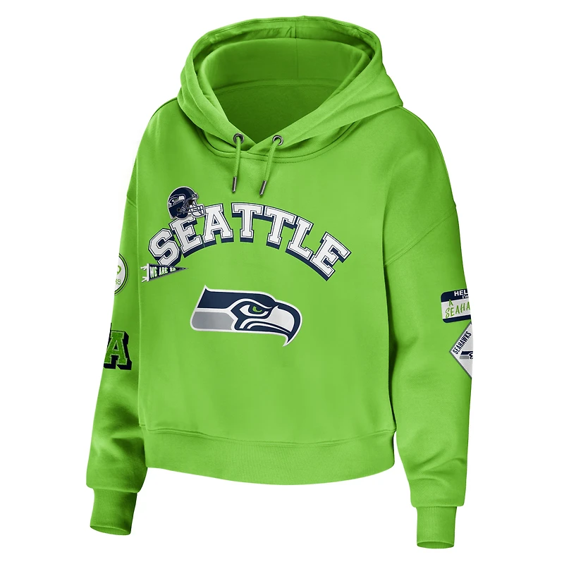 Women's WEAR by Erin Andrews Neon Green Seattle Seahawks Modest Cropped Pullover Hoodie