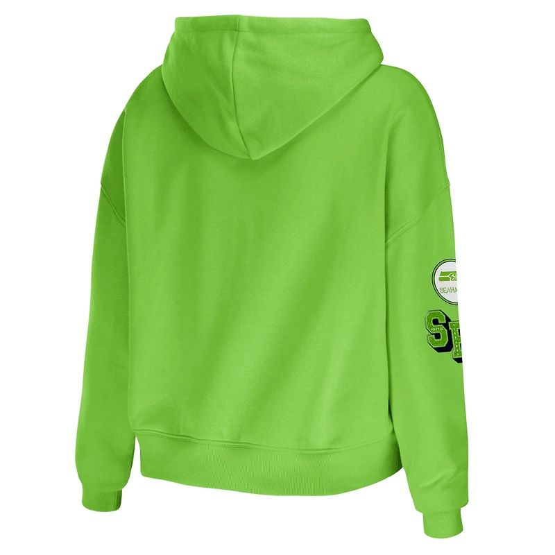 Women's WEAR by Erin Andrews Neon Green Seattle Seahawks Modest Cropped Pullover Hoodie