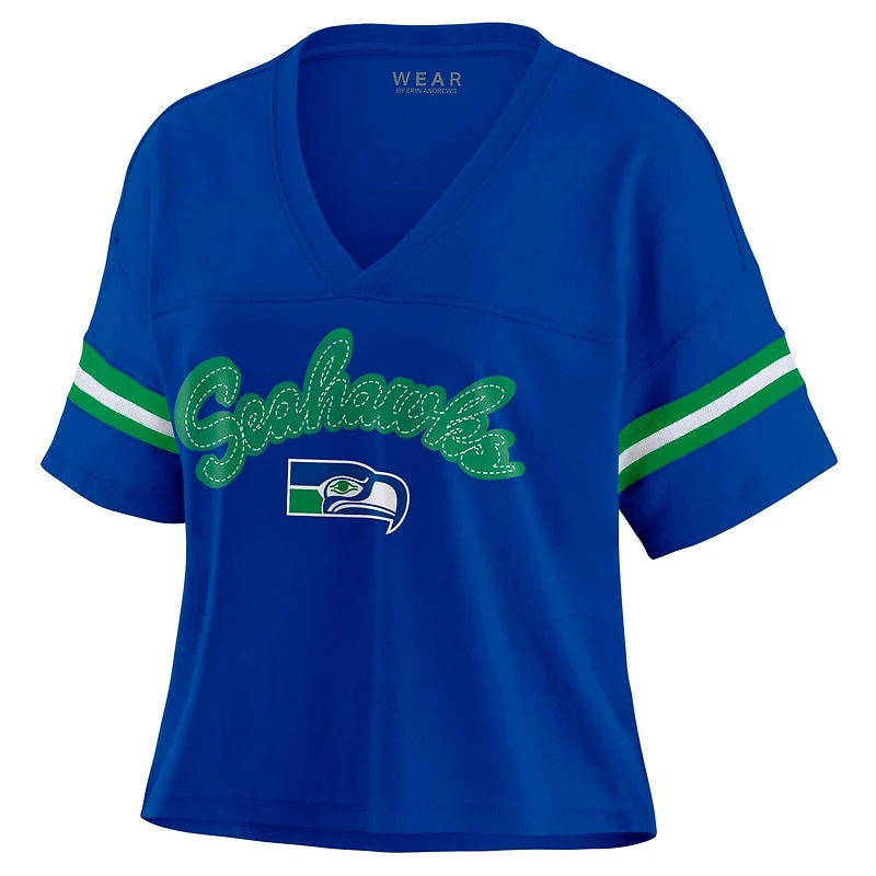 Women's WEAR by Erin Andrews Royal Seattle Seahawks Plus Color Block Boxy V-Neck T-Shirt