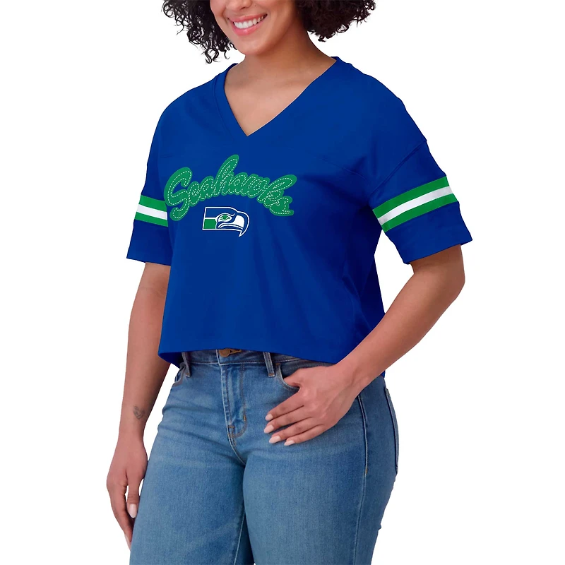 Women's WEAR by Erin Andrews Royal Seattle Seahawks Plus Color Block Boxy V-Neck T-Shirt