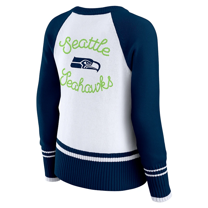 Women's WEAR by Erin Andrews White/College Navy Seattle Seahawks Colorblock Raglan Sweater