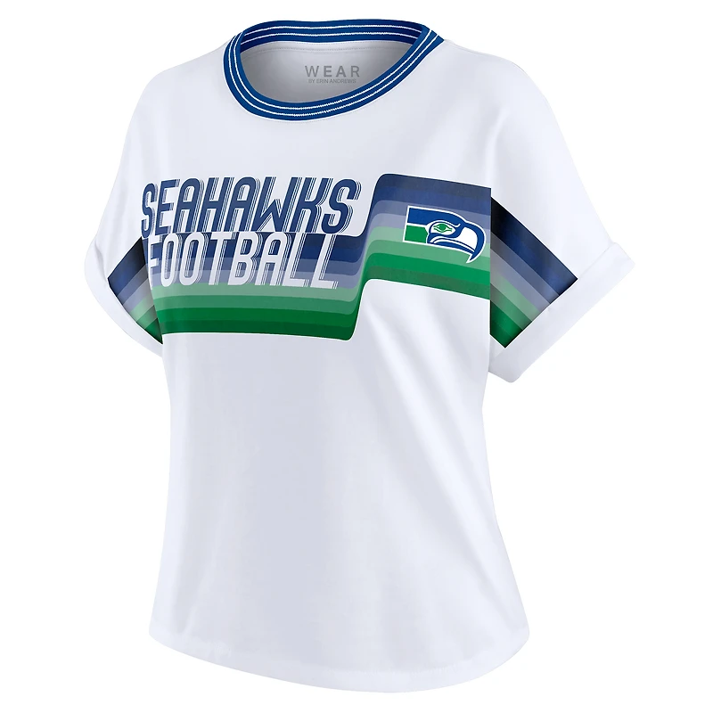 Women's WEAR by Erin Andrews White Seattle Seahawks Cropped Center Stripe Dolman T-Shirt